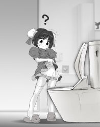  1girl ? amatsuka_seika baby_princess blush bun_cover china_dress chinese_clothes closed_mouth clothes_lift double_bun dress dress_lift female_focus flat_chest flying_sweatdrops full_body greyscale hair_bun indoors loli looking_down monochrome navel onakkey panties panty_pull pigeon-toed puffy_short_sleeves puffy_sleeves short_hair short_sleeves slippers solo sweat thighhighs toilet underwear 