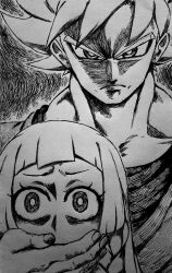  1boy 1girl constricted_pupils covering_another&#039;s_mouth creatures_(company) crossover dragon_ball dragonball_z game_freak highres lillie_(pokemon) long_hair looking_at_viewer monochrome nintendo pointy_hair pokemon scared serious shaded_face son_goku traditional_media wide-eyed 