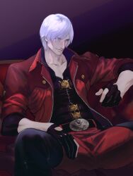  1boy black_gloves blue_eyes closed_mouth coat dante_(devil_may_cry) devil_may_cry devil_may_cry_(series) devil_may_cry_4 facial_hair fingerless_gloves gloves hair_over_one_eye highres holding male_focus mature_male muscular muscular_male nobou_(32306136) pants red_coat shirt sitting smile solo white_hair 