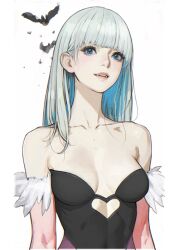  1girl aegyo_sal bare_shoulders bat_(animal) black_bodysuit blue_eyes blue_hair blunt_bangs bodysuit breasts breasts_apart character_request collarbone colored_inner_hair commentary copyright_request d.k detached_sleeves english_commentary feather_sleeves hair_behind_ear linea_alba looking_at_viewer medium_breasts multicolored_hair open_mouth pink_sleeves skin_tight solo straight_hair teeth upper_body upper_teeth_only white_hair  rating:Sensitive score:2 user:danbooru