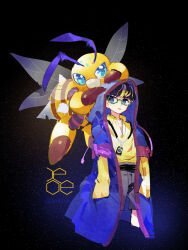  1boy bee black_background black_hair blonde_hair blue_coat blue_eyes brown_shorts bug coat collared_shirt colored_skin digimon digimon_(creature) digimon_(virtual_pet) digimon_liberator funbeemon hands_in_pockets hood hooded_coat insect insect_wings jewelry lanlllan multicolored_hair multiple_wings on_head pendant shirt short_hair shorts twitter_username two-tone_hair wings winr yellow_shirt yellow_skin 