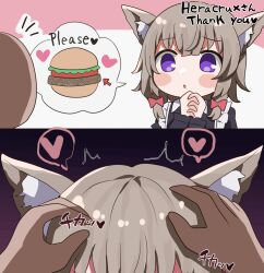  1boy 1girl animal_ears burger commissioner_insert commissioner_name dog_ears english_text headpat heracrux implied_fellatio indie_virtual_youtuber japanese_text monster_club_vt nokkovt thought_bubble tttvg4 virtual_youtuber 
