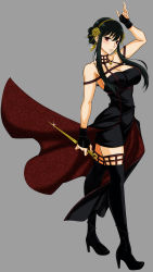 1girl absurdres arm_up bare_shoulders black_dress black_hair blush boots breasts cleavage dress earrings embarrassed female_focus fingerless_gloves flower full_body gloves grey_background groin hair_bun hair_flower hair_ornament hanzaki_jirou high_heel_boots high_heels highres holding jewelry large_breasts legs light_blush looking_at_viewer red_eyes red_lining short_hair_with_long_locks sidelocks simple_background skirt solo spy_x_family standing thigh_boots thighhighs thighs yor_briar zettai_ryouiki
