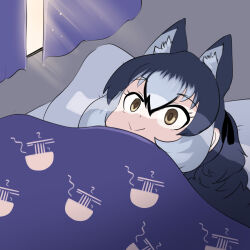  1girl animal_ears blue_hair dire_wolf_(kemono_friends) extra_ears flower grey_eyes grey_hair highres kemono_friends kemono_friends_v_project long_hair mcgunngu morning morning_glory multicolored_hair on_bed ribbon simple_background solo two-tone_hair virtual_youtuber wolf_ears wolf_girl 
