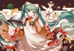  1girl absurdres animal apron aqua_eyes aqua_hair aqua_nails badge bell_pepper bow braid brown_background brown_bow brown_kimono butter carrot_slice checkered_clothes checkered_kimono chef_hat commentary egasumi floating_hair food fork_hair_ornament frilled_apron frills gradient_hair green_pepper hair_bow hardboiled_egg hat hatsune_miku highres holding holding_ladle holding_tray japanese_clothes kanvien kappougi kimono ladle letterboxed long_hair looking_at_viewer lotus_root low_twin_braids multicolored_hair neckerchief orange_kimono pepper pink_bow pink_neckerchief rabbit rabbit_yukine serving_dome smile snowflakes solo spoon_hair_ornament squash star-shaped_food star_(symbol) striped_sleeves tray twin_braids twintails two-tone_kimono upper_body very_long_hair vocaloid white_bow white_hair wide_sleeves yuki_miku yuki_miku_(2024) 