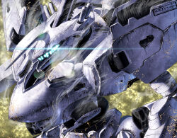 armored_core armored_core:_for_answer blue_eyes glowing glowing_eyes highres horns looking_down mecha mecha_focus no_humans robot science single_horn smoke soezy sparks white_glint