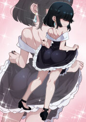  1girl ass bare_legs bare_shoulders black_dress black_footwear black_hair black_nails blush closed_mouth clothes_lift covered_eyes dangle_earrings dress dress_lift earrings female_focus fingernails from_behind full_body hair_over_eyes heels highres jcm2 jewelry kneepits lifting_own_clothes loli long_bangs looking_back lucy_loud nail_polish off_shoulder pink_background short_hair shoulder_blades smile solo sparkle_background standing the_loud_house thighs tight_butt  rating:Sensitive score:406 user:danbooru