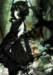  10s 1girl akano_sakura axe back backless_dress backless_outfit bare_back black_dress black_hair black_rock_shooter chain checkered_floor dead_master dress from_behind green_eyes holding holding_weapon horns long_hair looking_at_viewer looking_back pale_skin scythe solo weapon  rating:Sensitive score:8 user:Rikko-43