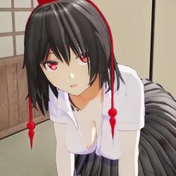 1girl all_fours animal_ears animated areola_slip bent_over black_hair breasts cleavage clothes_pull hanging_breasts large_breasts looking_at_viewer no_bra open_mouth pulling_own_clothes red_eyes shameimaru_aya shirt_pull short_hair skirt smile tagme teasing touhou video