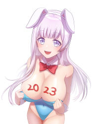  1girl 2023 :d absurdres adjusting_clothes adjusting_leotard animal_ears bare_arms bare_shoulders blue_leotard blunt_bangs blush body_writing bow bowtie breasts cameltoe cleavage collarbone commentary covered_navel cowboy_shot d4dj detached_collar fake_animal_ears from_above groin hairband hands_up highleg highleg_leotard highres izumo_saki kzu_(kougami) large_breasts leotard long_hair looking_at_viewer looking_up open_mouth playboy_bunny purple_eyes purple_hair rabbit_ears red_bow red_bowtie simple_background smile solo standing strapless strapless_leotard teeth upper_teeth_only very_long_hair white_background white_hairband wrist_cuffs 