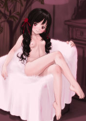 1girl barefoot black_hair blush breasts casual_nudity couch crossed_legs drill_hair face feet fur hair_ribbon highres kobayashi_yuji legs loli long_hair nipples nude original red_eyes ribbon sitting small_breasts smile solo toe-point toe_scrunch toes twin_drills twintails rating:Questionable score:187 user:danbooru