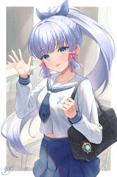  1girl :d alternate_costume ayaka_(genshin_impact) bag blue_bow blue_bowtie blue_eyes blue_hair border bow bowtie breasts butterfly_ring classroom collarbone desk dot_nose genshin_impact grey_ribbon hair_bow hand_up head_tilt highres indoors large_breasts light_blue_hair light_blush long_sleeves looking_at_viewer midriff open_mouth pleated_skirt ponytail red_bow red_ribbon ribbon school_desk school_uniform serafuku shirt shoulder_bag signature skirt smile sola_num_5130 solo sunlight uniform vision_(genshin_impact) white_border white_shirt white_sleeves 