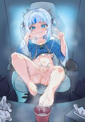  1girl after_masturbation belly blue_eyes blue_hair blunt_bangs blush bottomless chair collecting_pussy_juice commentary cup disposable_cup excessive_pussy_juice fang fat_mons feet female_masturbation fins fish_tail gaming_chair gawr_gura gawr_gura_(1st_costume) grey_hair hair_ornament heart heart-shaped_pupils highres hololive hololive_english long_hair looking_at_viewer masturbation moral_cacoethes multicolored_hair pussy pussy_juice pussy_juice_collection pussy_juice_in_container shark_girl shark_tail sitting skin_fang smile smug solo streaked_hair swivel_chair symbol-only_commentary symbol-shaped_pupils tail teeth tissue_box uncensored used_tissue virtual_youtuber  rating:Explicit score:330 user:danbooru