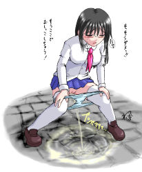 1girl black_hair blue_panties blue_skirt blush breasts brown_footwear cleft_of_venus closed_eyes female_focus homare_(suzu_no_oka) large_breasts long_hair long_sleeves neckerchief open_mouth panties panty_pull peeing pink_neckerchief puddle pussy school_uniform shirt shoes sketch skirt solo spread_legs squatting sweat thighhighs translation_request uncensored underwear white_shirt white_thighhighs rating:Explicit score:35 user:Storm101