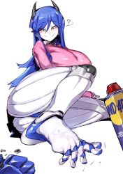  ? blue_hair blush breasts doppel_(bonnypir) feet grin horns humanoid_robot large_breasts leg_lift looking_at_viewer pink_shirt robot robot_girl shirt smile spread_toes sweat thighs toes wd-40 wiggling_toes  rating:Questionable score:8 user:Kizuhae