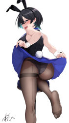 1girl absurdres animal_ears aqua_hair ass back-seamed_legwear bare_shoulders black_hair blue_eyes blush bunny_garden clothes_lift fake_animal_ears fake_tail flashing from_behind hair_between_eyes highres leotard lifting_own_clothes miuka_(bunny_garden) multicolored_hair open_mouth oregano_(olgn_eao) panties panties_under_pantyhose pantyhose playboy_bunny rabbit_ears rabbit_tail seamed_legwear short_hair signature simple_background skirt skirt_lift solo standing standing_on_one_leg tail thighband_pantyhose two-tone_hair underwear white_background wrist_cuffs