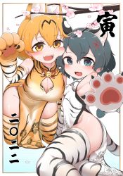  2022 absurdres animal_ears cleavage_cutout breasts china_dress chinese_clothes chinese_zodiac chis_(js60216) cleavage dress fangs highres kaban_(kemono_friends) kemono_friends sakura_flower serval_(kemono_friends) sideboob thighhighs year_of_the_tiger  rating:Questionable score:13 user:ANSOC