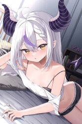  1girl :o aamana0 ahoge alternate_costume black_shorts blush braid commentary_request demon_girl demon_horns earphones_removed grey_hair hair_between_eyes head_rest highres hololive horns indoors la+_darknesss long_hair looking_at_viewer lying micro_shorts multicolored_hair navel off_shoulder open_mouth pillow purple_hair shirt short_sleeves shorts side_slit sidelocks solo stomach streaked_hair striped_horns very_long_hair virtual_youtuber white_shirt  rating:Sensitive score:33 user:danbooru
