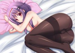  10s 1girl ass breasts hair_ornament hairband highres kantai_collection legs_together long_hair lying nipples on_bed on_side open_mouth panties panties_under_pantyhose pantyhose pillow purple_hair red_eyes ryuuhou_(kancolle) shenqi_(toid310) solo taigei_(kancolle) thighband_pantyhose topless underwear  rating:Explicit score:50 user:danbooru