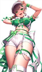  1girl :d arm_behind_head arm_ribbon arms_up back_bow bang_dream! belt belt_buckle blush boots bow bracelet breast_pocket breasts brown_hair buckle chest_belt clothing_cutout collared_shirt commentary_request cowboy_shot crop_top from_below green_belt green_bow green_eyes green_necktie green_ribbon green_shirt hair_bun hand_on_headwear heart_belt heart_cutout jewelry lambda_(kusowarota) looking_at_viewer looking_down medium_breasts midriff navel necktie official_alternate_costume official_alternate_hairstyle open_mouth pocket ribbon shirt short_hair short_necktie short_sleeves shorts simple_background single_hair_bun smile solo standing stomach sweatband thigh_boots thigh_strap two-tone_shirt visor_cap white_background white_bow white_footwear white_shirt white_shorts wristband yamato_maya 
