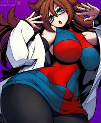  1girl android_21 bare_shoulders blue_eyes blush breasts checkered_clothes covered_navel curvy dragon_ball earrings female_focus glasses highres jewelry lab_coat large_breasts leggings long_hair looking_at_viewer nail_polish ring silver_pochi solo thick_thighs thighs wide_hips 