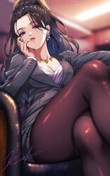  1girl black_hair black_jacket black_pantyhose black_skirt blazer blue_eyes blurry blurry_background breasts cleavage commentary_request crossed_legs executive_mishiro feet_out_of_frame finger_to_mouth forehead from_below hand_on_own_cheek hand_on_own_face highres idolmaster idolmaster_cinderella_girls indoors jacket jewelry koya_(koya_x_00) large_breasts lips long_hair looking_at_viewer makeup nail_polish office_lady pantyhose parted_lips shiny_clothes signature sitting skirt solo thighs  rating:Sensitive score:9 user:danbooru