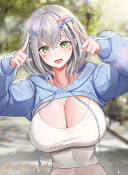 1girl :d absurdres breasts cleavage ear_piercing eyebrows_hidden_by_hair facial_mark green_eyes grey_hair hair_ornament hairclip heart heart_tattoo highres hololive hood hoodie huge_breasts large_breasts looking_at_viewer medium_hair midriff open_mouth outdoors piercing shio05_(05_sio) shirogane_noel shirt shrug_(clothing) smile solo tattoo teeth virtual_youtuber white_hair white_shirt x_hair_ornament  rating:Sensitive score:50 user:danbooru