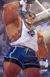  1boy abs arm_tattoo arm_up armpits bara beard blue_eyes blue_shorts bulge facial_hair fingerless_gloves gloves gym highres holding_dumbbell indie_virtual_youtuber kaito_navigator looking_at_viewer looking_down male_focus mixed-language_commentary muscular muscular_male mustache_stubble pectorals ponytail scar scar_on_face scar_on_nose shorts smile stubble sweat syukapong tank_top tattoo veins veiny_arms very_sweaty white_gloves white_tank_top 