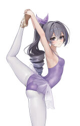 1girl alternate_costume armpits arms_up ass ballerina ballet_slippers bodysuit breasts closed_mouth cowboy_shot drill_hair drill_ponytail foka_(beginner) from_side grey_eyes grey_hair hands_up high_ponytail highres honkai:_star_rail honkai_(series) leg_up leotard looking_at_viewer pantyhose purple_leotard silver_wolf_(honkai:_star_rail) simple_background single_drill small_breasts small_sweatdrop solo split standing standing_on_one_leg standing_split white_background white_pantyhose  rating:Sensitive score:18 user:danbooru