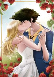  blonde_hair breasts ciphz_ink cleavage couple cowboy_bebop curly_hair flower green_hair highres julia_(cowboy_bebop) kiss outdoors resolution_mismatch rose sideboob source_larger spike_spiegel  rating:Explicit score:1 user:MoshieQueen