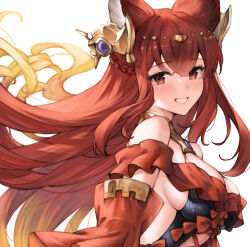  1girl animal_ears anthuria bare_shoulders blush breasts cleavage collarbone detached_sleeves dress erune gradient_hair granblue_fantasy hair_between_eyes hair_ornament highres koretsuki_azuma large_breasts long_hair looking_at_viewer multicolored_hair red_dress red_eyes red_hair red_sleeves sideless_outfit simple_background smile solo upper_body white_background 