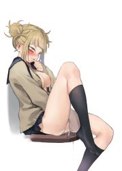 10s 1girl 981519 absurdres bad_id bad_pixiv_id black_skirt blush boku_no_hero_academia breasts double_bun female_masturbation finger_to_mouth highres looking_away masturbation medium_breasts nipples no_shoes open_clothes pussy_juice short_hair simple_background sitting skirt socks solo toga_himiko white_background yellow_eyes rating:Explicit score:70 user:danbooru