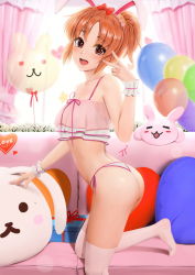 1girl abe_nana animal_ears ass balloon blush bow bow_hairband breasts collarbone couch crop_top cushion fake_animal_ears flower from_side gift hairband hand_up heart idolmaster idolmaster_cinderella_girls indoors inward_v jellytits-7 leg_up looking_at_viewer nail_art no_shoes off_shoulder on_couch open_mouth orange_eyes orange_hair over-kneehighs panties pink_curtains rabbit_ears red_bow side-tie_panties signature small_breasts standing standing_on_one_leg stuffed_animal stuffed_toy thighhighs thighs underwear white_flower white_thighhighs window wristband rating:Sensitive score:151 user:danbooru