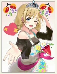  1girl ;d bare_shoulders black_shirt blonde_hair blue_eyes bodypaint border christina_(love_live!) collarbone drill_hair frilled_skirt frills hand_on_own_head hand_up heart idol_clothes looking_at_viewer love_live! love_live!_school_idol_festival multicolored_clothes off-shoulder_shirt off_shoulder one_eye_closed open_mouth paint_on_clothes paint_splatter paint_stains party_popper pink_ribbon reaching reaching_towards_viewer ribbon shirt skirt smile solo sparkle suspender_skirt suspenders tiara twin_drills upper_body white_skirt 