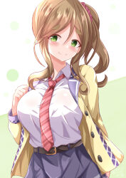 1girl belt belt_buckle black_belt blue_skirt blush breasts brown_hair brown_jacket buckle closed_mouth collared_shirt commentary_request diagonal-striped_clothes diagonal-striped_necktie fang fang_out green_background green_eyes hair_between_eyes hair_ornament hair_scrunchie hand_up highres inuyama_aoi jacket large_breasts long_hair long_sleeves necktie open_clothes open_jacket pleated_skirt puffy_long_sleeves puffy_sleeves purple_scrunchie scrunchie shirt short_eyebrows side_ponytail skirt smile solo striped_clothes thick_eyebrows two-tone_background white_background white_shirt xenon_(for_achieve) yurucamp