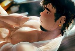  1boy bad_tag bara bare_pectorals blush bottomless clothes_lift ear_piercing earrings facial_hair from_side half-closed_eyes highres isuke jewelry large_pectorals male_focus male_masturbation masturbation medium_sideburns muscular muscular_male mustache_stubble nipples nose_blush original out-of-frame_censoring paid_reward_available parted_lips pectorals piercing profile see-through shirt_behind_neck shirt_lift sideburns_stubble solo sparse_navel_hair stubble sweat sweaty_clothes thick_eyebrows torogao very_sweaty wet wet_hair 