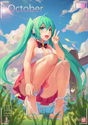 1girl ahoge atdan bad_id bad_pixiv_id bug butterfly cloud day fang full_body grass green_eyes green_hair hatsune_miku headphones highres insect long_hair looking_at_viewer matching_hair/eyes nail_polish open_mouth outdoors panties pantyshot purple_panties sandals skirt sky solo squatting twintails underwear v viewfinder vocaloid rating:Questionable score:41 user:danbooru