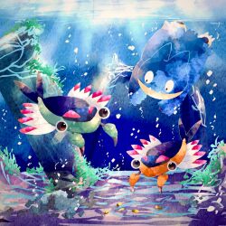  alternate_color animal_focus anorith black_eyes blue_skin bubble claws colored_skin commentary_request creatures_(company) fangs game_freak gen_3_pokemon gen_4_pokemon highres munchlax nintendo no_humans pokemon pokemon_(creature) rock shiny_pokemon sunlight swimming underwater zozozoshion 