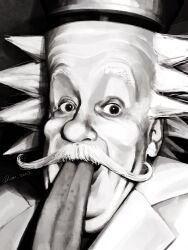 1boy absurdres albert_einstein bald derivative_work dr._vegapunk greyscale highres iam_san3 lab_coat long_head long_mustache long_tongue looking_at_viewer male_focus monochrome mustache one_piece open_mouth parody photo-referenced portrait smile solo spiked_hair tongue tongue_out wrinkled_skin