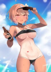  1girl ahoge bikini black_bikini blue_sky blush bottle breasts cloud day drinking_straw hair_ornament holding holding_bottle holding_removed_eyewear i-58_(kancolle) kantai_collection large_breasts multicolored_hair one-piece_tan open_mouth outdoors pink_eyes pink_hair shin_(new) sky solo sunglasses swimsuit tan tanline unworn_eyewear water wet 