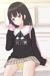  1girl bag bed black_shirt blush bow_print brown_eyes brown_hair cellphone cherry_print clothes_writing collarbone flat_chest food_print grey_skirt heart heart_print holding holding_phone loli long_hair long_sleeves looking_at_phone on_bed open_mouth panties phone pillow plaid plaid_skirt pom_pom_(clothes) print_panties print_shirt school_bag shirt shooko sitting skirt sleeves_past_wrists smartphone underwear yellow_panties 