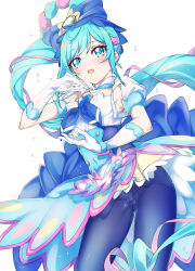  absurdres back_bow blue_bow blue_dress blue_eyes blue_hair blue_pantyhose blue_ribbon bow brooch clothing_cutout commentary cowboy_shot crotch_seam cure_spicy delicious_party_precure dress fuwa_kokone gloves hair_bow heart heart_brooch highres huge_bow jewelry long_hair magical_girl multicolored_hair niko_(tama) open_mouth panties panties_under_pantyhose pantyhose pink_hair precure puffy_short_sleeves puffy_sleeves ribbon rope short_dress short_sleeves side_ponytail simple_background smile streaked_hair underwear very_long_hair white_background white_gloves 