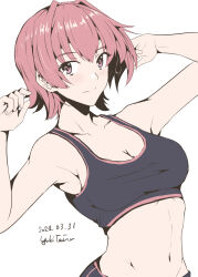  1girl alternate_costume arm_behind_head armpits black_sports_bra breasts brown_eyes brown_hair cleavage highres kantai_collection kinu_(kancolle) medium_breasts midriff navel one-hour_drawing_challenge short_hair solo sports_bra taira_yuuki upper_body 