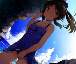 1girl animal bare_arms bare_shoulders bird blue_bow blue_dress blue_panties blue_sky blush bow breasts brown_eyes brown_hair closed_mouth clothing_aside cloud collarbone commentary_request day dress dutch_angle hair_bow highres horizon idolmaster idolmaster_cinderella_girls idolmaster_cinderella_girls_starlight_stage long_hair looking_away looking_to_the_side ocean outdoors panties panties_aside pee peeing peeing_self polka_dot polka_dot_dress ponytail seneto sidelocks sky small_breasts solo standing tachibana_arisu underwear water white_bow rating:Questionable score:124 user:danbooru