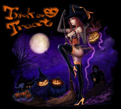  1girl belt boots broom chain cross-laced_footwear elbow_gloves full_moon ghost gloves halloween hat high_heel_boots high_heels jack-o&#039;-lantern lace-up_boots long_hair moon original pumpkin red_eyes red_hair scythe shoes skirt solo thigh_boots thighhighs tomoe_(artist) trick_or_treat witch witch_hat 