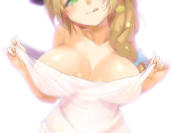 1girl blurry braid breasts brown_hair cafe-chan_to_break_time closed_mouth clothes_lift green_eyes highres large_breasts long_hair looking_at_viewer milk_(cafe-chan_to_break_time) no_bra original porurin_(do-desho) see-through simple_background smile solo standing tongue tongue_out upper_body white_background 