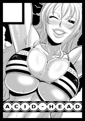 arms_up bikini bikini_top_only breasts cleavage covered_erect_nipples large_breasts lips monochrome murata_(acid-head) nami_(one_piece) one_eye_closed one_piece swimsuit underboob wink  rating:Questionable score:44 user:BZR
