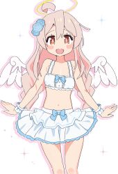  1girl :d ahoge angel angel_wings bare_arms bare_legs bare_shoulders blue_bow blush_stickers bow braid breasts brown_eyes commentary crop_top flower hair_between_eyes hair_flower hair_ornament highres long_hair midriff navel noyama_takenoko official_alternate_costume onii-chan_wa_oshimai! open_mouth oyama_mahiro pink_hair simple_background skirt small_breasts smile solo sparkle_background twin_braids very_long_hair white_background white_skirt wings wrist_cuffs 