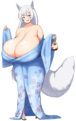  1girl animal_ear_fluff animal_ears blue_eyes breasts cleavage facial_mark fox_ears fox_girl fox_tail gigantic_breasts japanese_clothes kimono kinchaku long_hair open_mouth original pouch sagging_breasts sandals smile solo standing tail todoshiroh white_background white_hair 
