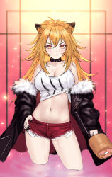 1girl animal_ears arknights bare_shoulders black_jacket black_nails breasts cleavage collar collarbone crop_top cutoffs exposed_pocket fang female_focus food front-tie_top fur_trim hand_on_own_hip holding jacket large_breasts lion_ears long_hair looking_at_viewer meat midriff nail_polish navel off_shoulder open_clothes open_jacket orange_hair red_shorts shirt short_shorts shorts siege_(arknights) siun sleeveless sleeveless_shirt slit_pupils solo stomach thighs v-shaped_eyebrows wading white_shirt yellow_eyes rating:Sensitive score:22 user:danbooru